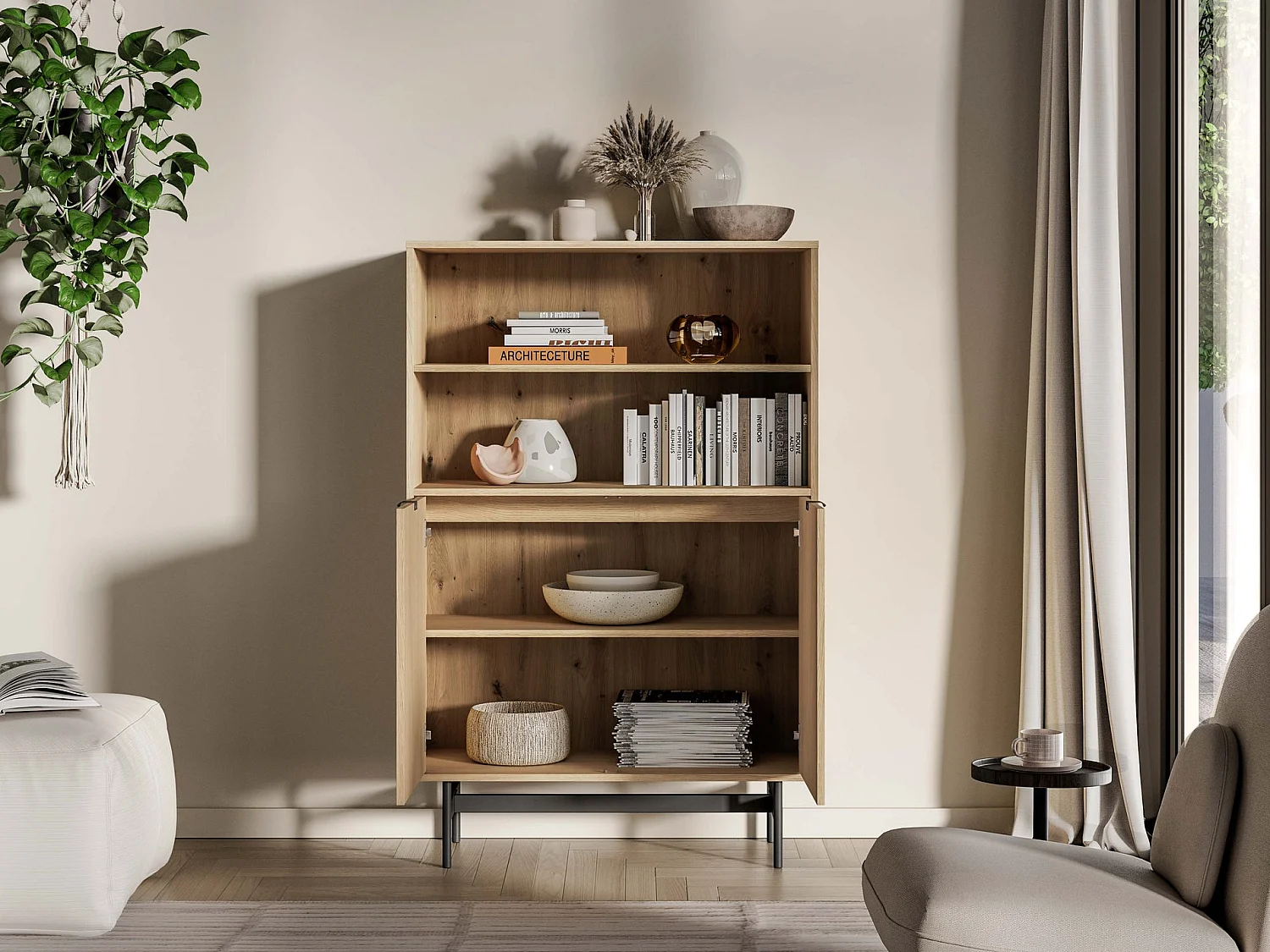 Boekenkast met 2 deuren en 2 nissen – eiken mavelie – HEGGERS