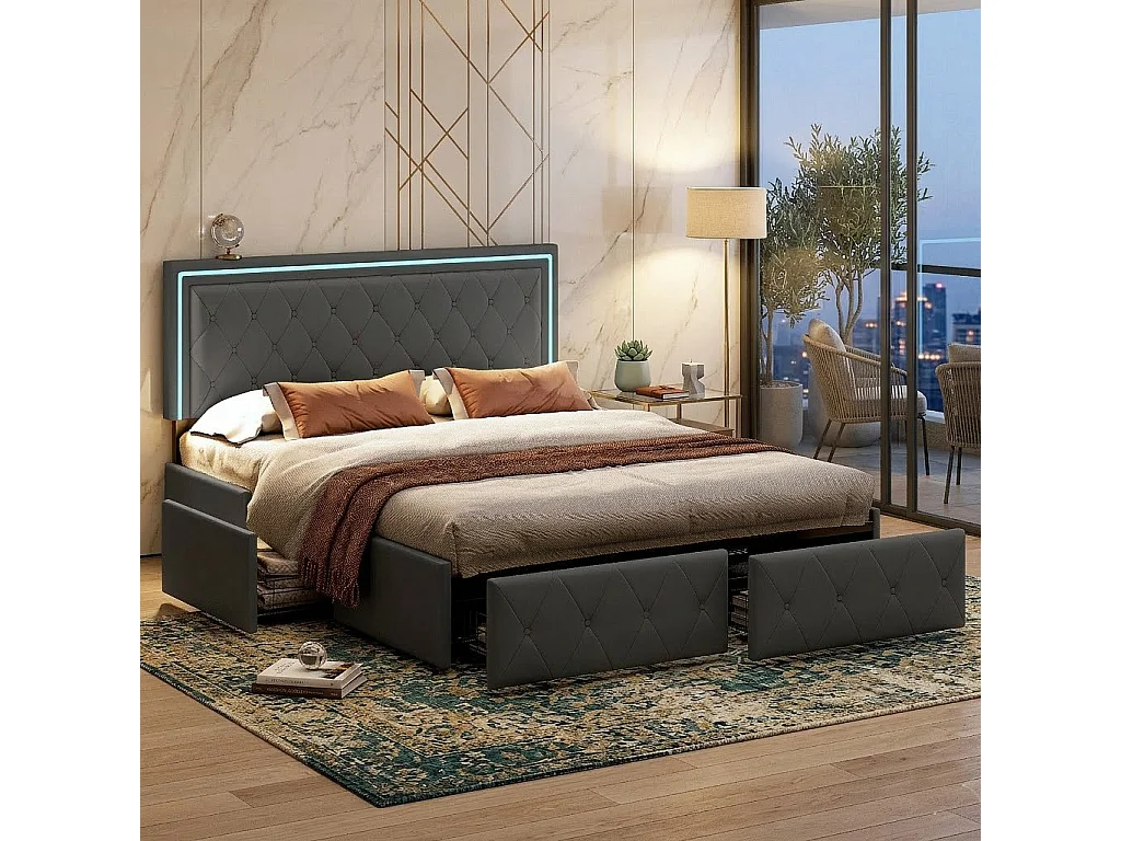 Lit Capitonné 140x200cm avec Éclairage LED, lit double avec 4 Tiroirs de Rangement, Cadre de lit adulte avec sommier à lattes, sans Matelas, PU, Gris