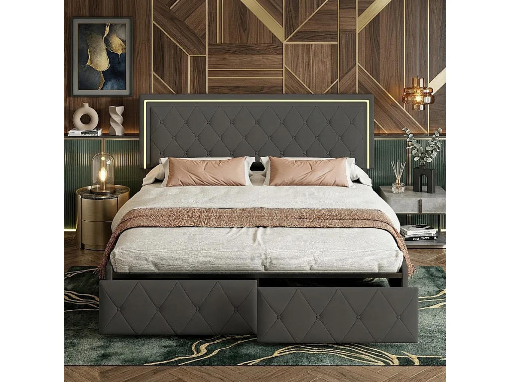 Lit Capitonné 140x200cm avec Éclairage LED, lit double avec 4 Tiroirs de Rangement, Cadre de lit adulte avec sommier à lattes, sans Matelas, PU, Gris