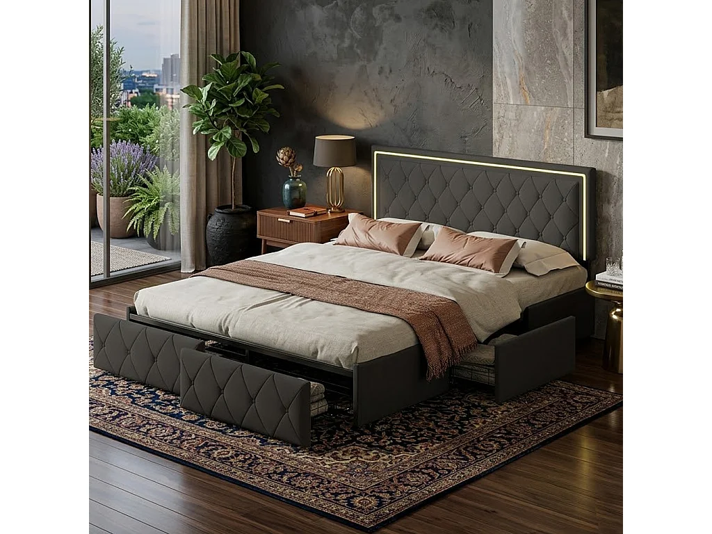 Lit Capitonné 140x200cm avec Éclairage LED, lit double avec 4 Tiroirs de Rangement, Cadre de lit adulte avec sommier à lattes, sans Matelas, PU, Gris