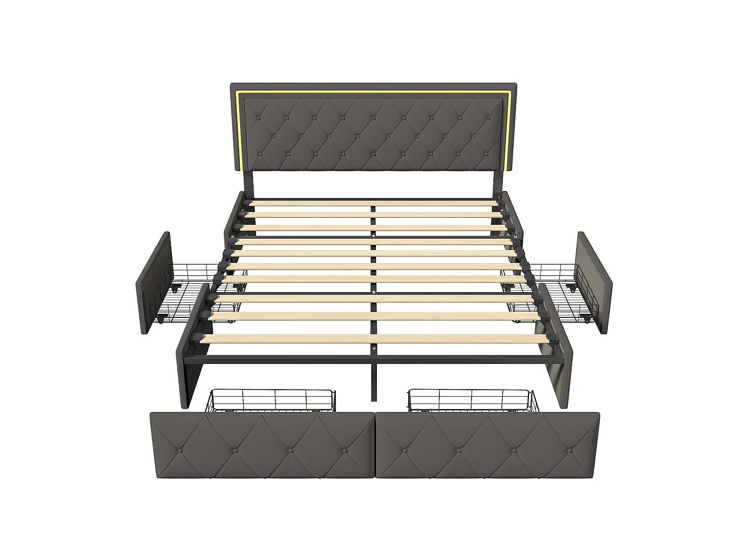 Lit Capitonné 140x200cm avec Éclairage LED, lit double avec 4 Tiroirs de Rangement, Cadre de lit adulte avec sommier à lattes, sans Matelas, PU, Gris