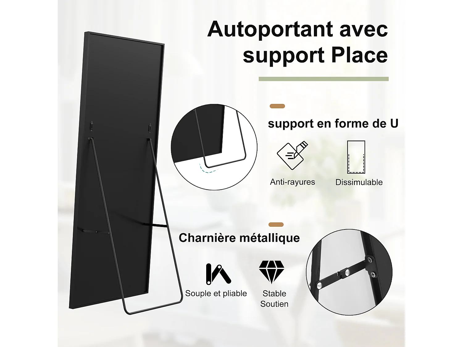 Miroir Pleine Longueur 180x80 cm cm, Grand Miroir Mural avec Crochet, reflet en Verre HD, Noir