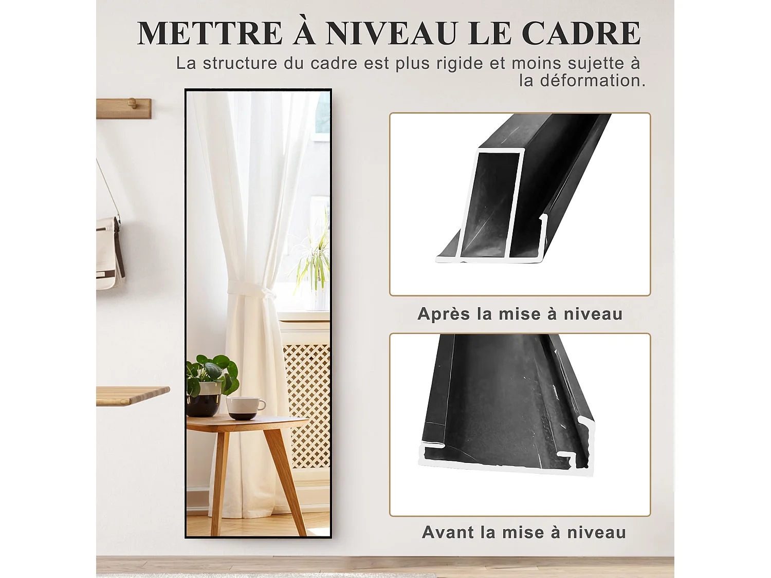Miroir Pleine Longueur 180x80 cm cm, Grand Miroir Mural avec Crochet, reflet en Verre HD, Noir