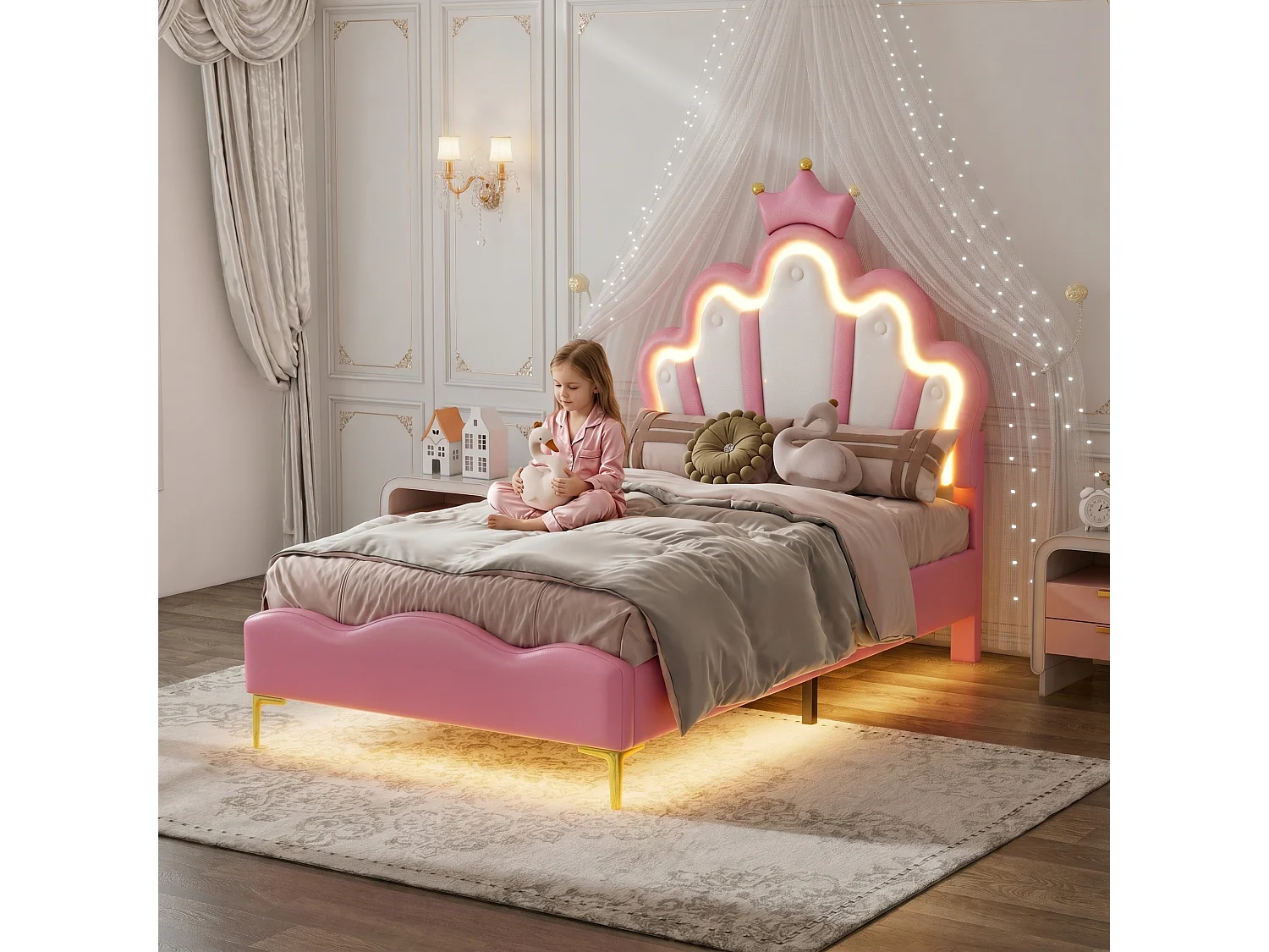 Lit princesse 90×200 cm rembourré rose avec tête de lit couronne, LED réglable et sommier à lattes
