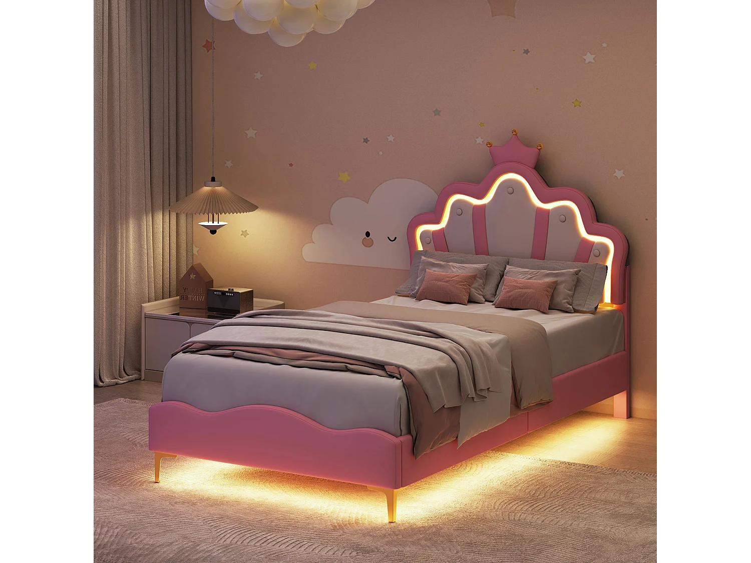 Lit princesse 90×200 cm rembourré rose avec tête de lit couronne, LED réglable et sommier à lattes