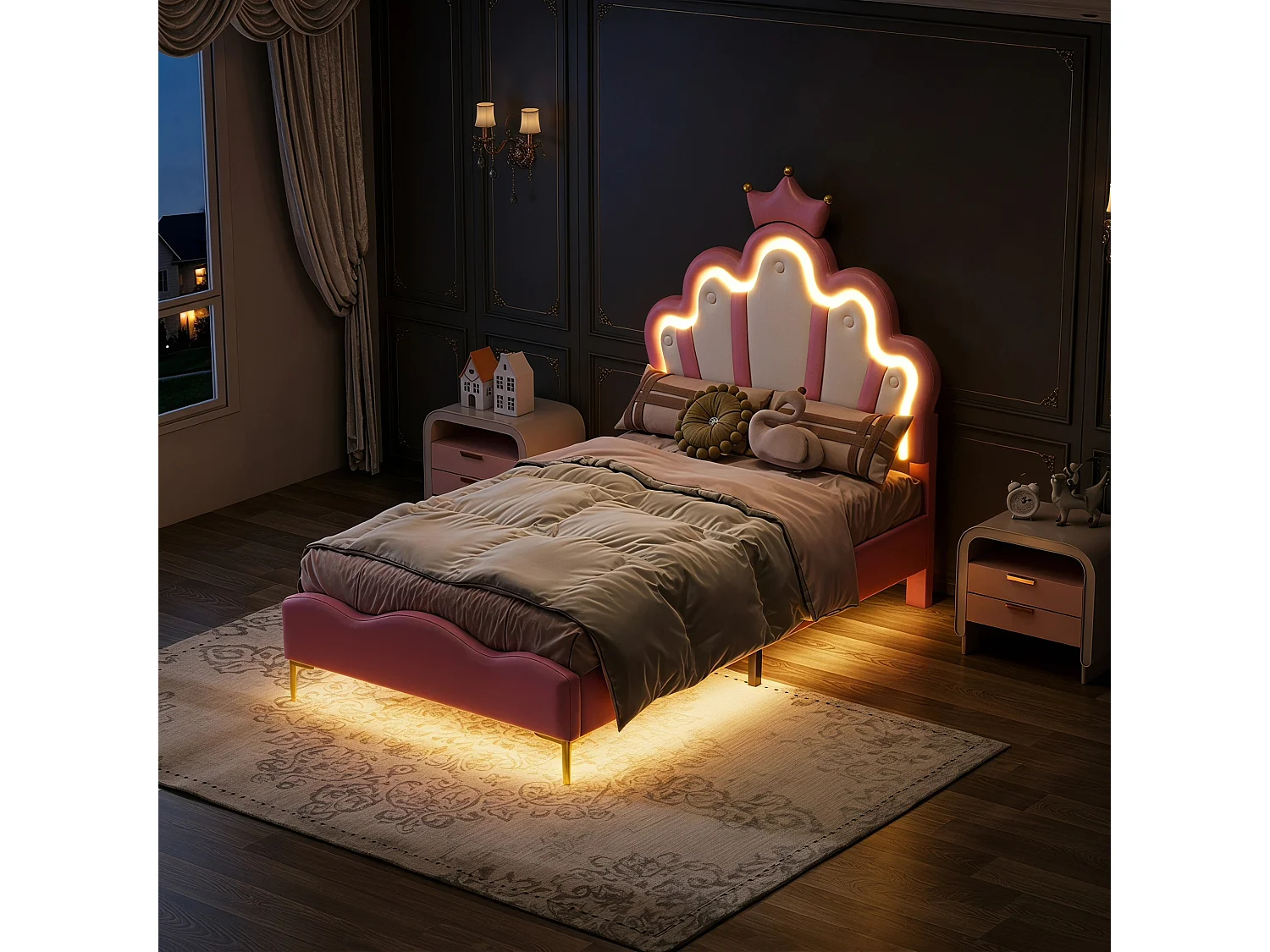 Lit princesse 90×200 cm rembourré rose avec tête de lit couronne, LED réglable et sommier à lattes