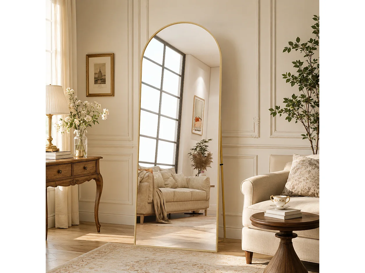 Miroir Complet bombé 177x77 cm avec Coins arrondis, Miroir sur Pied, à Suspendre, Debout ou adossé, pour Chambre à Coucher, Doré