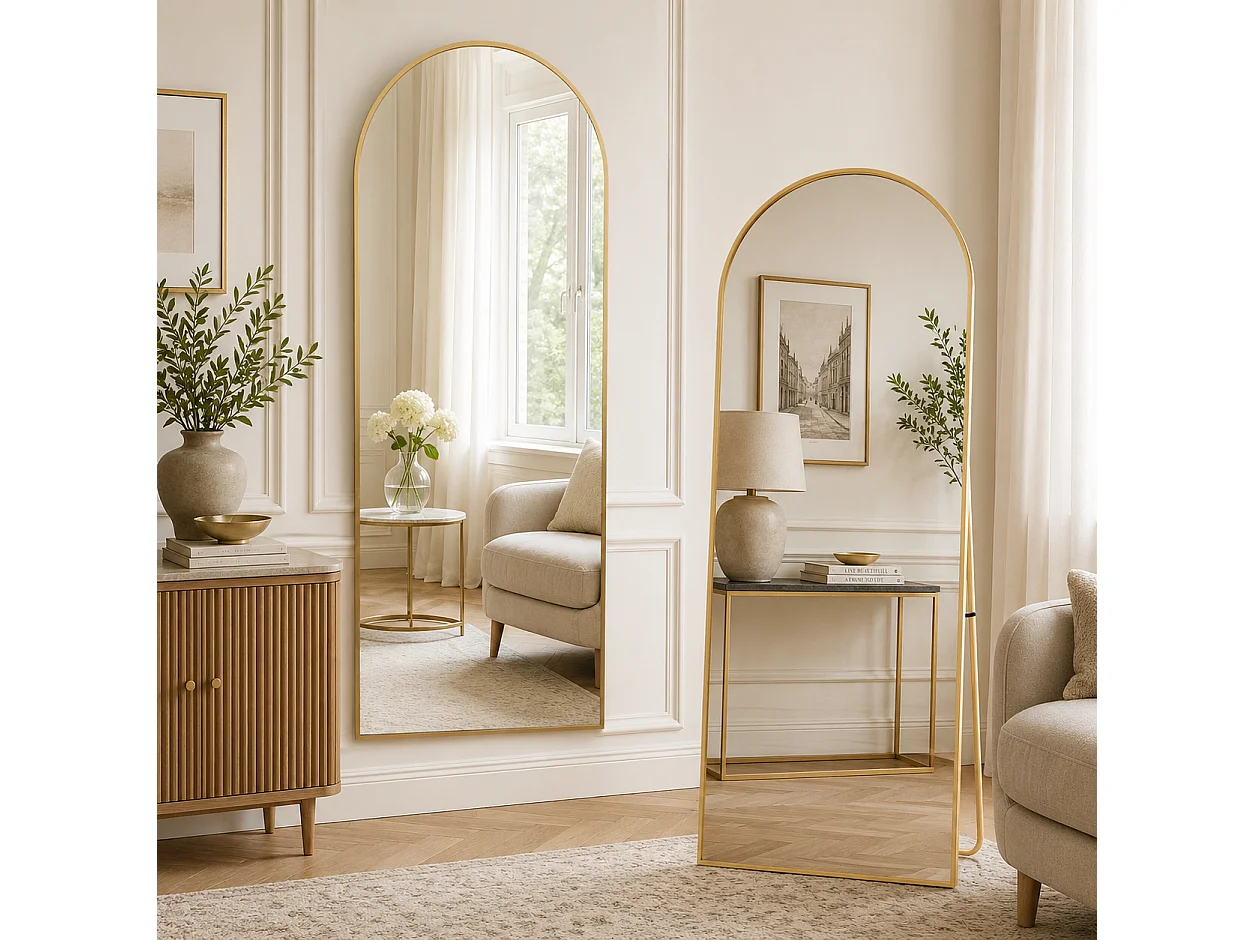 Miroir Complet bombé 177x77 cm avec Coins arrondis, Miroir sur Pied, à Suspendre, Debout ou adossé, pour Chambre à Coucher, Doré