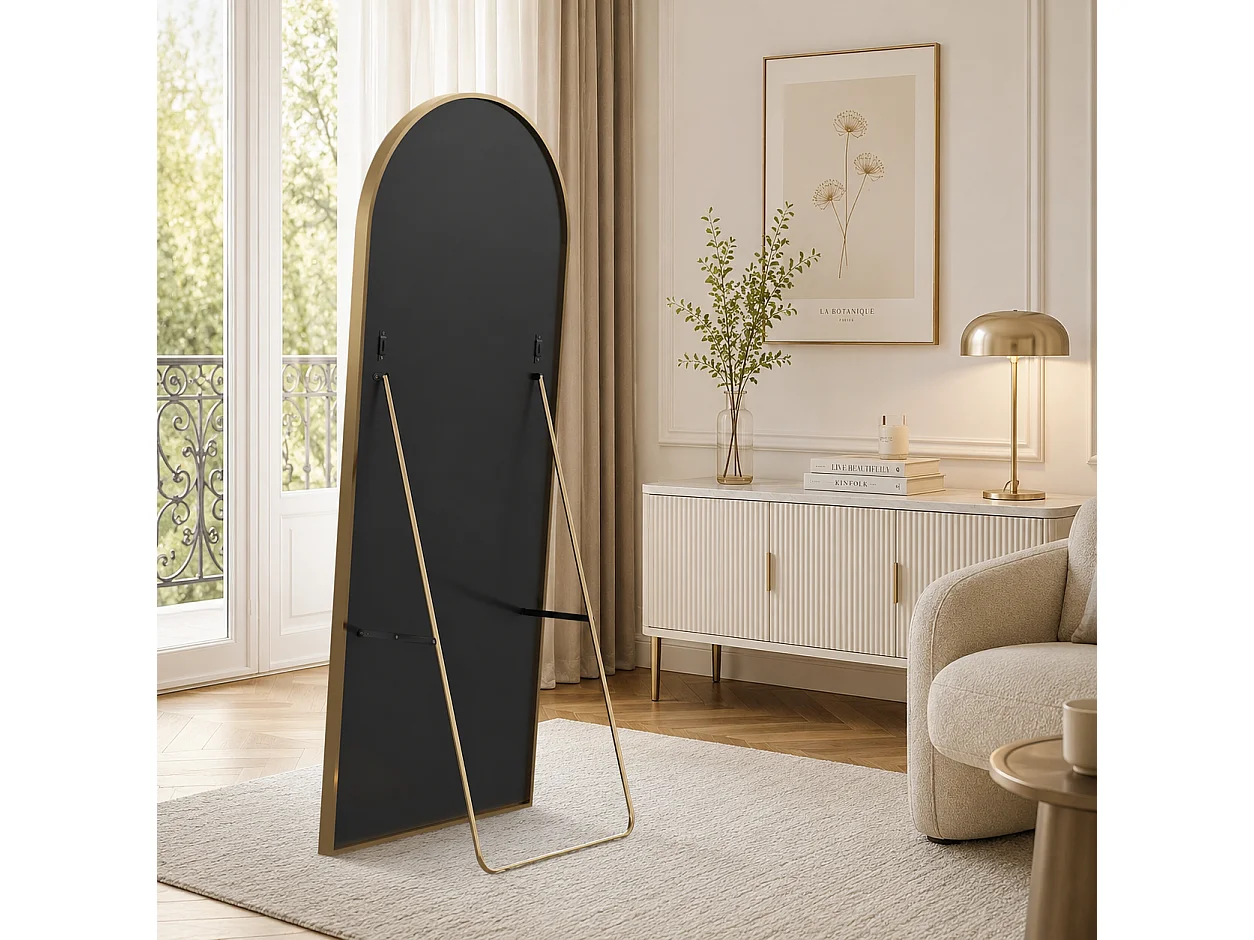 Miroir Complet bombé 177x77 cm avec Coins arrondis, Miroir sur Pied, à Suspendre, Debout ou adossé, pour Chambre à Coucher, Doré