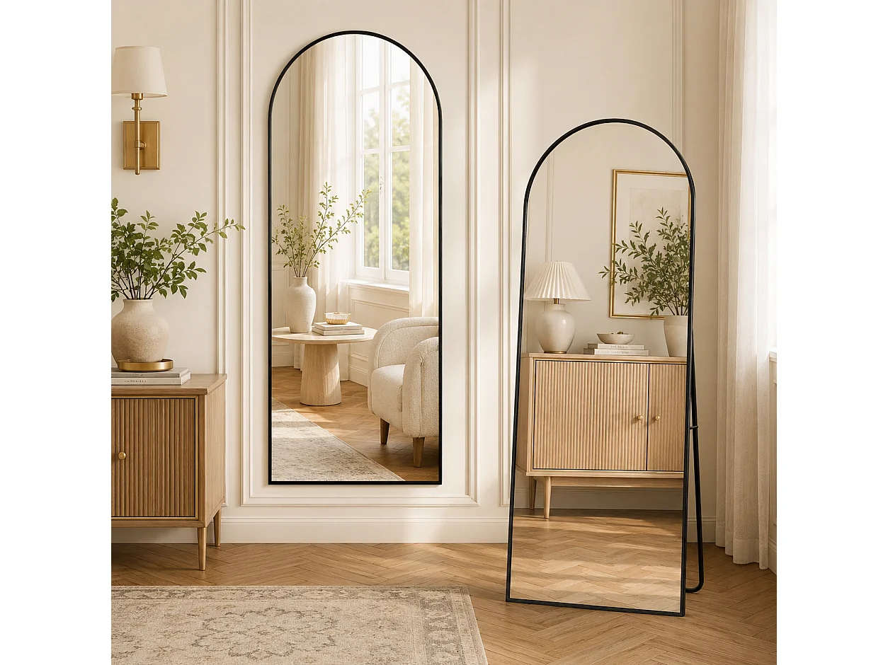 Miroir Complet bombé 164x54 cm avec Coins arrondis, Miroir sur Pied, à Suspendre, Debout ou adossé, pour Chambre à Coucher, Noir