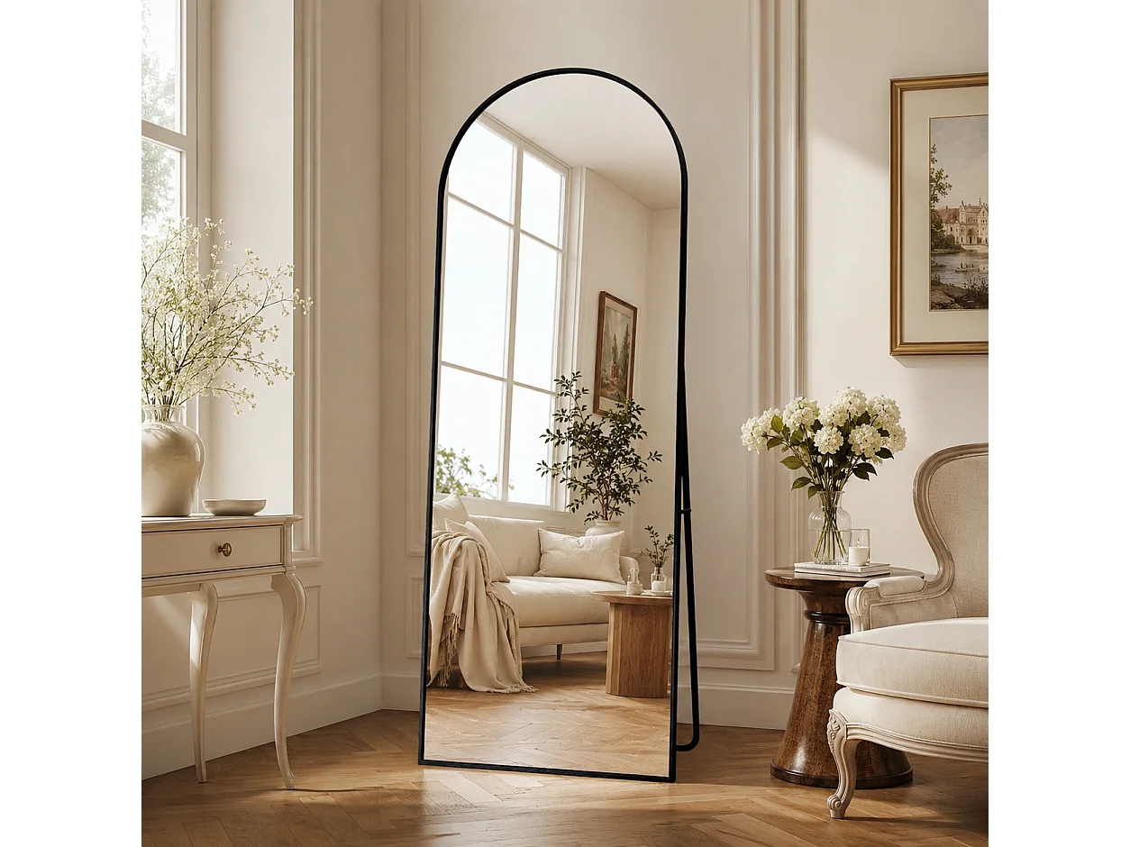 Miroir Complet bombé 164x54 cm avec Coins arrondis, Miroir sur Pied, à Suspendre, Debout ou adossé, pour Chambre à Coucher, Noir