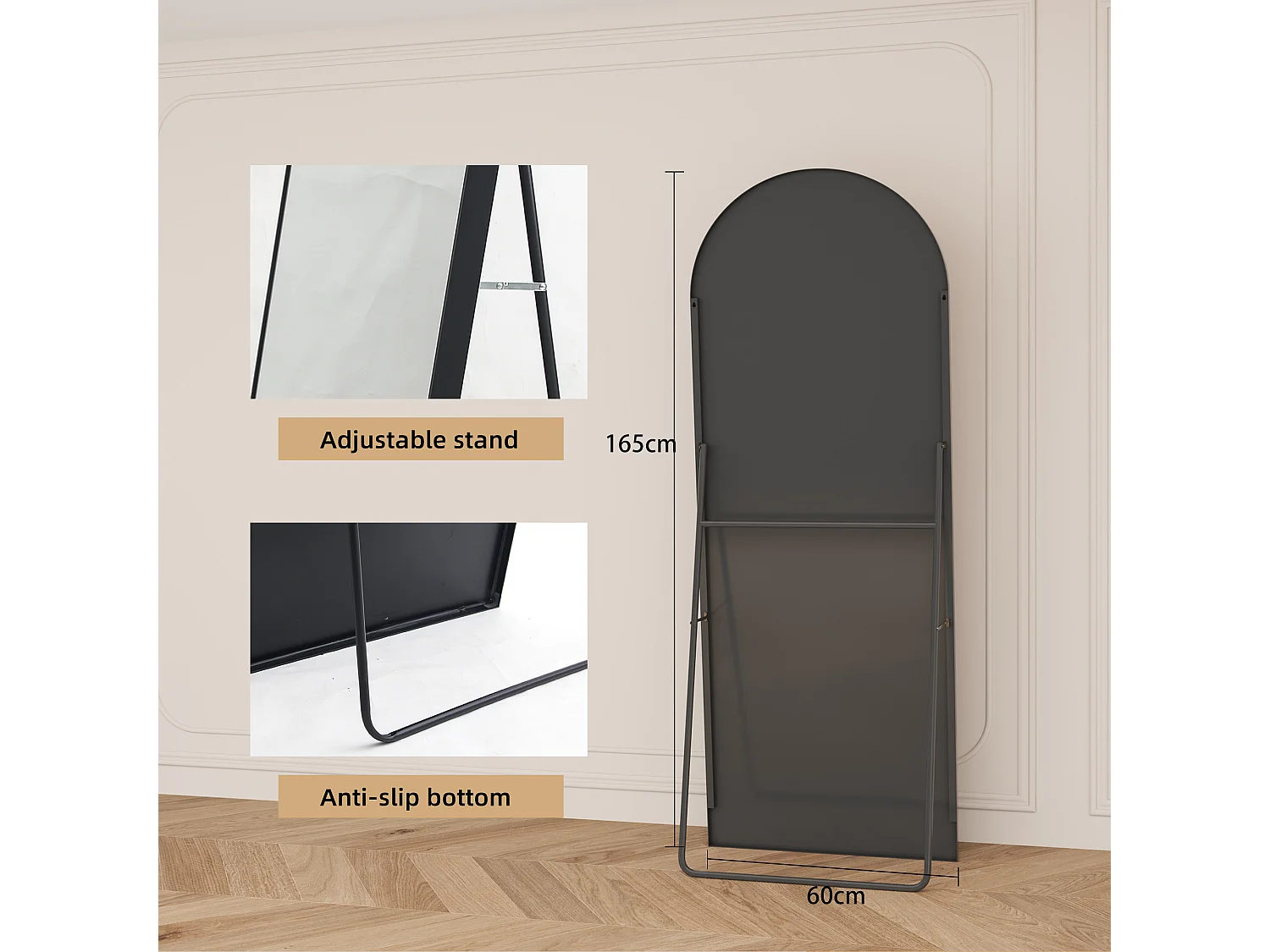 Miroir Complet Bombé 165x60 cm - sur Pied, à Suspendre ou Appuyé - pour Chambre à Coucher et Dressing - Cadre en Aluminium, Noir