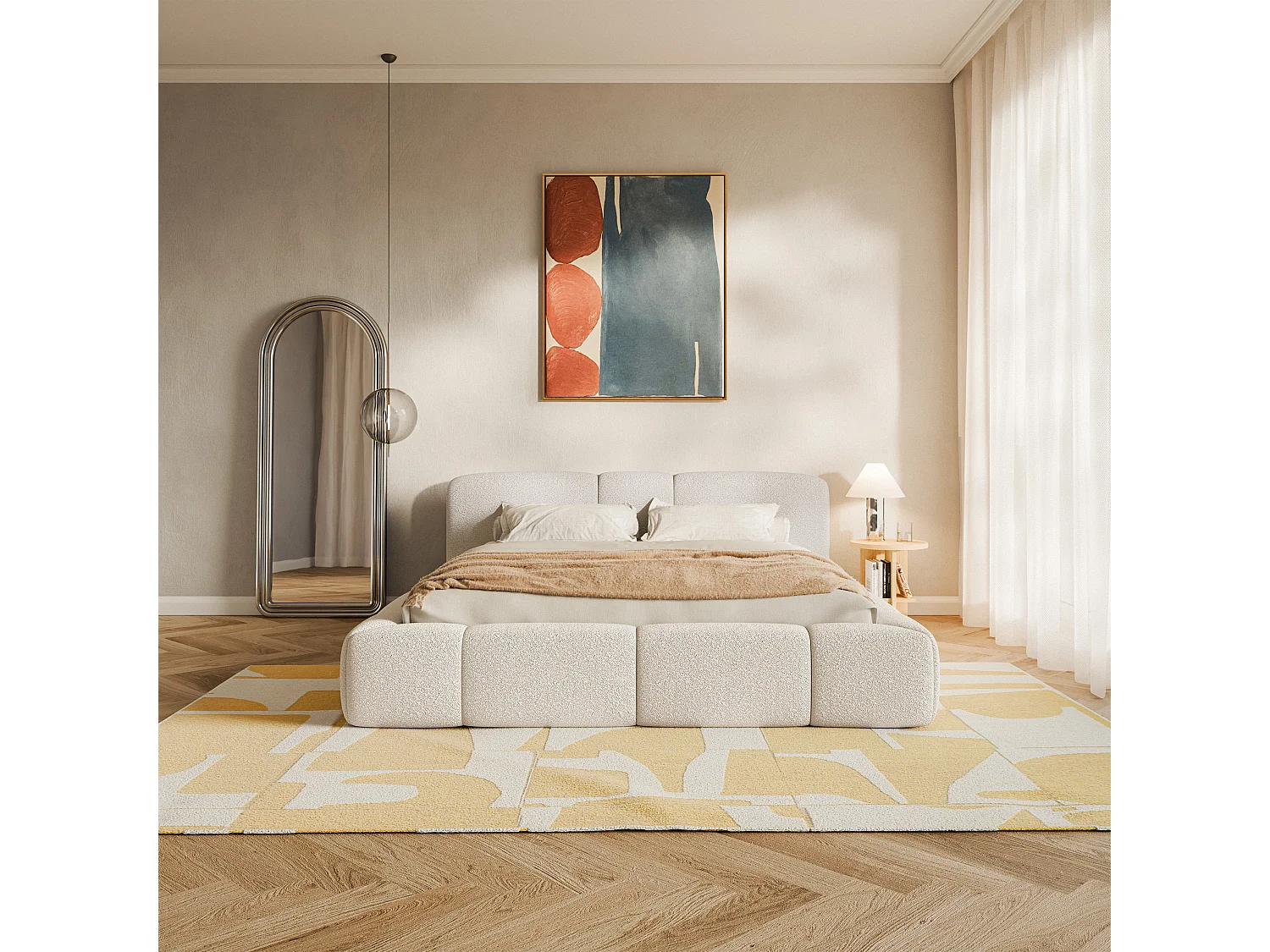 Polsterbett 140x200 cm – Bettkasten – Bouclé Hellbeige – BOWIA