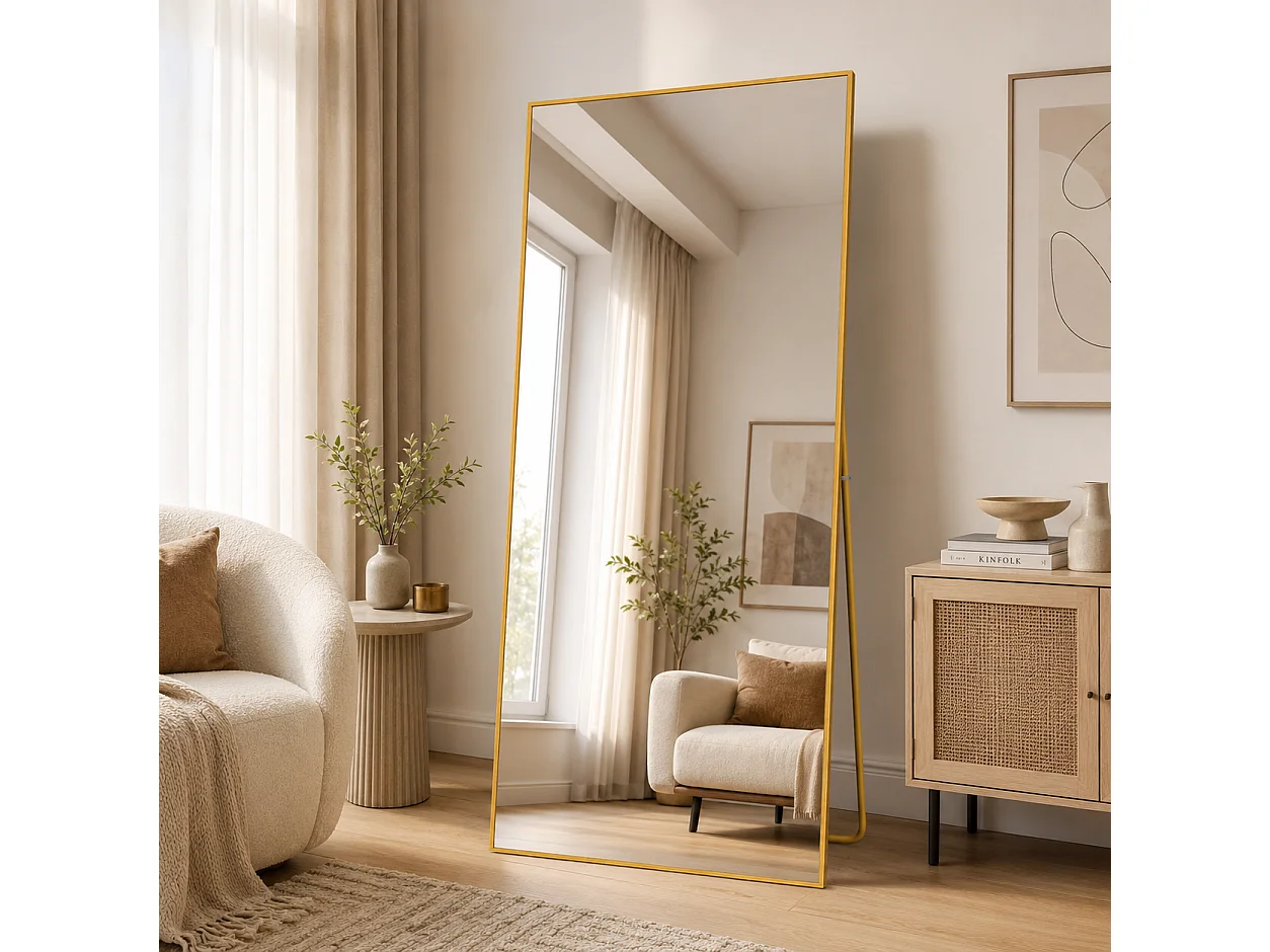 Miroir Pleine Longueur 180x80 cm, Grand Miroir Mural avec Crochet, reflet en Verre HD, Doré
