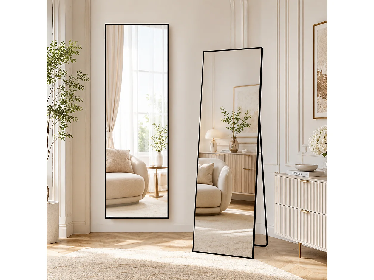 Miroir Pleine Longueur 177x77 cm, Grand Miroir Mural avec Crochet, reflet en Verre HD, Noir