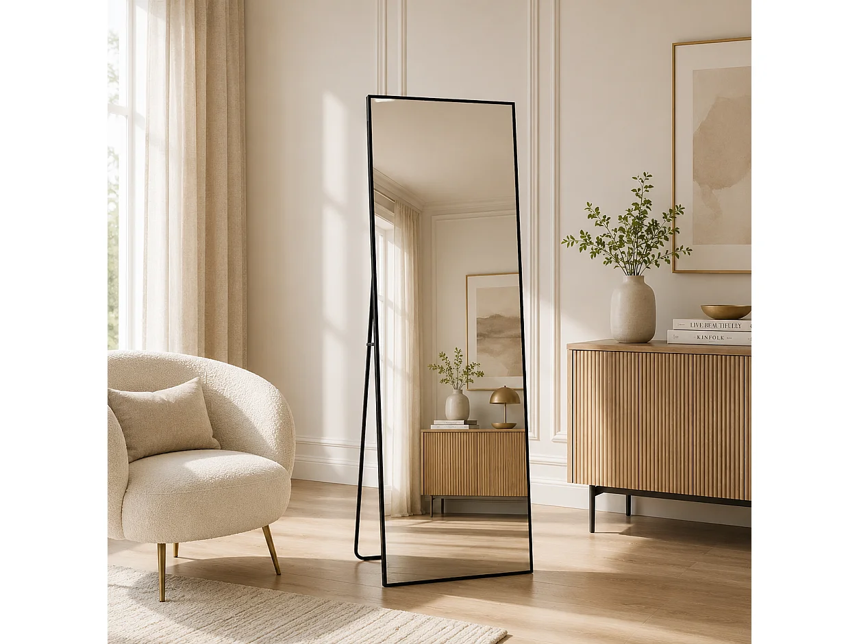 Miroir Pleine Longueur 177x77 cm, Grand Miroir Mural avec Crochet, reflet en Verre HD, Noir