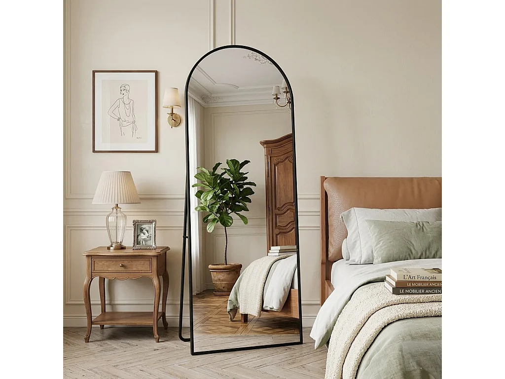 Miroir Complet arqué 162x53 cm, Miroir sur Pied bombé, Suspendable, Elliptique, pour Chambre Salon Entree, Noir