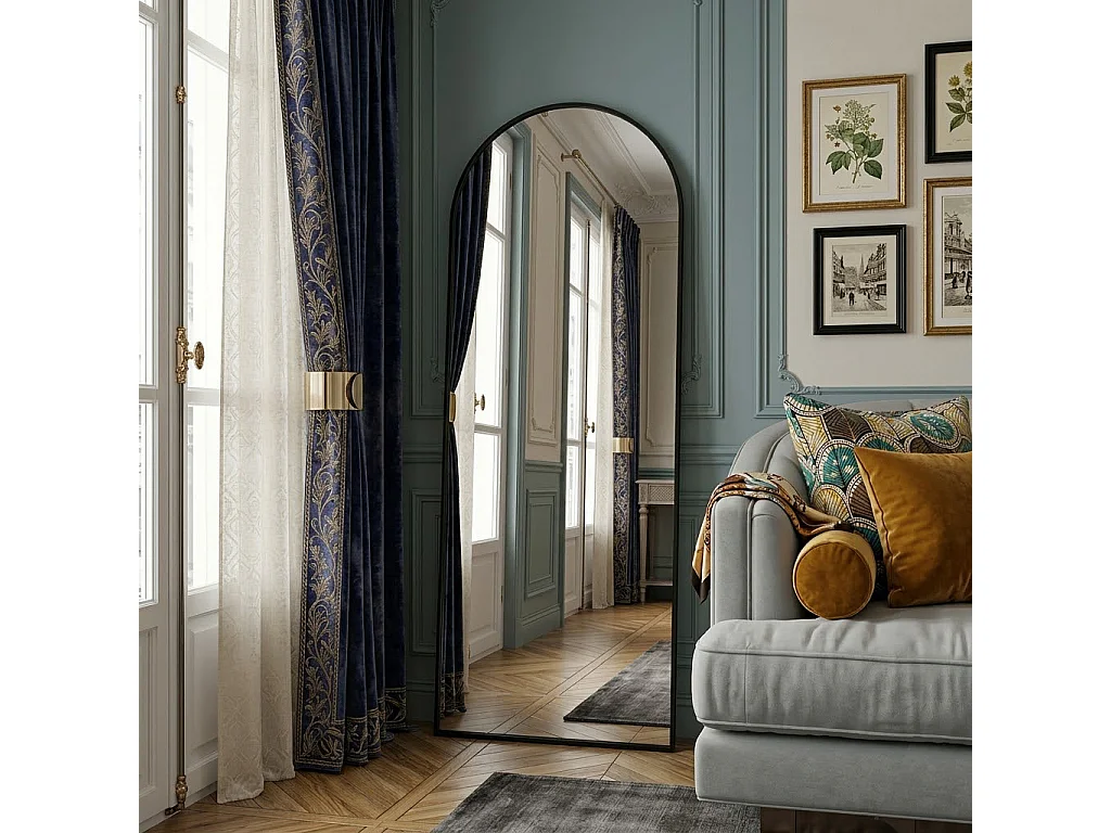 Miroir Complet arqué 162x53 cm, Miroir sur Pied bombé, Suspendable, Elliptique, pour Chambre Salon Entree, Noir