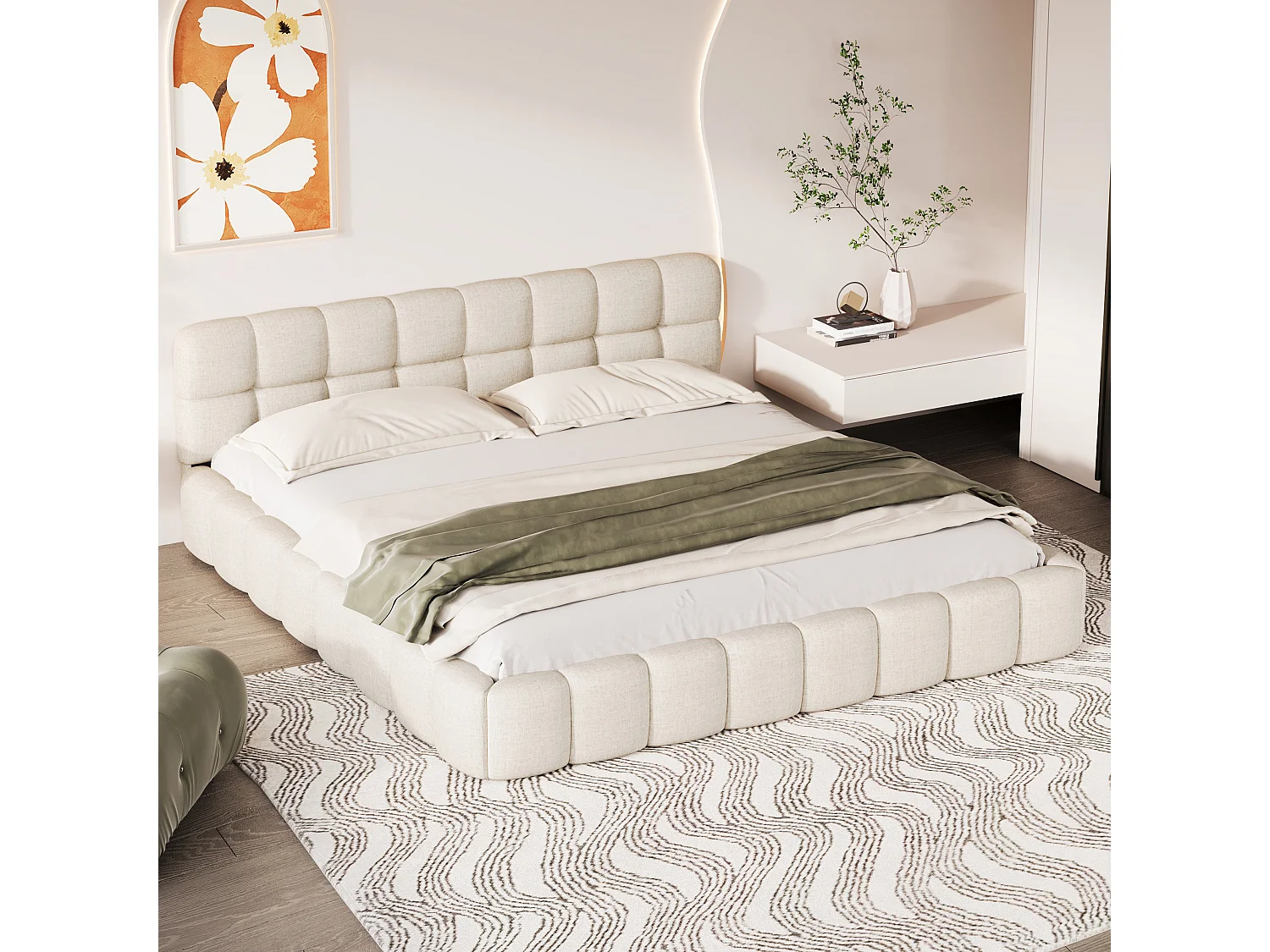Lit adulte Lit double 140x190 cm avec tête de lit capitonnée et cadre rembourré - Sommier à lattes bois inclus - lin - beige