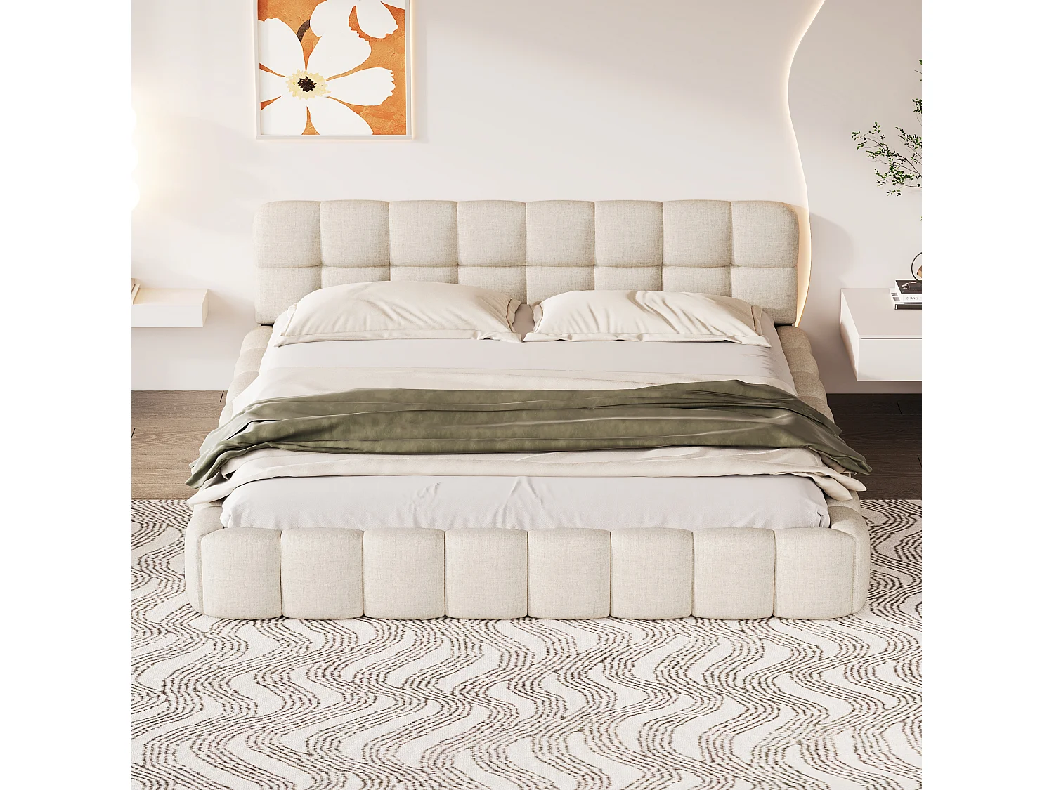 Lit adulte Lit double 140x190 cm avec tête de lit capitonnée et cadre rembourré - Sommier à lattes bois inclus - lin - beige