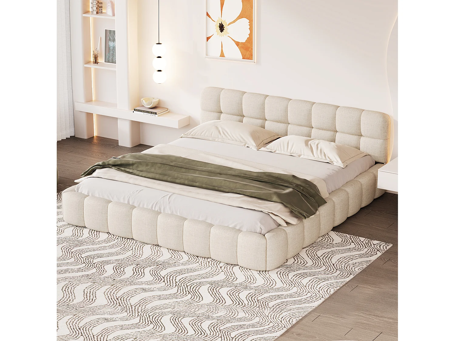 Lit adulte Lit double 140x190 cm avec tête de lit capitonnée et cadre rembourré - Sommier à lattes bois inclus - lin - beige