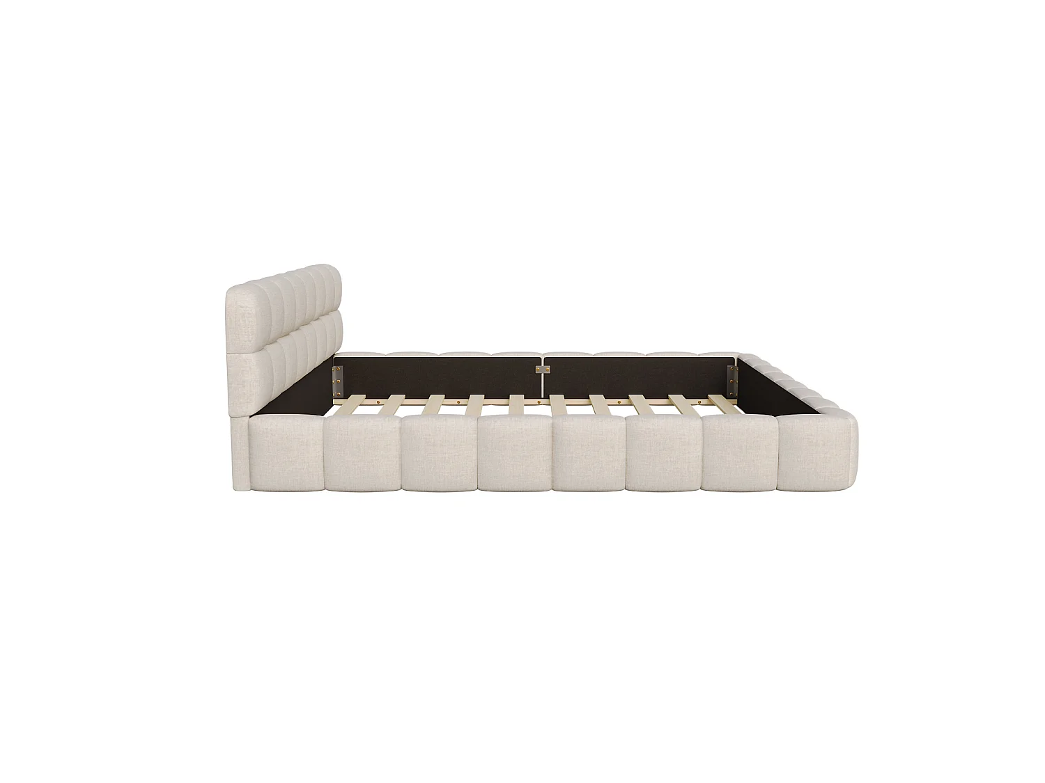 Lit adulte Lit double 140x190 cm avec tête de lit capitonnée et cadre rembourré - Sommier à lattes bois inclus - lin - beige