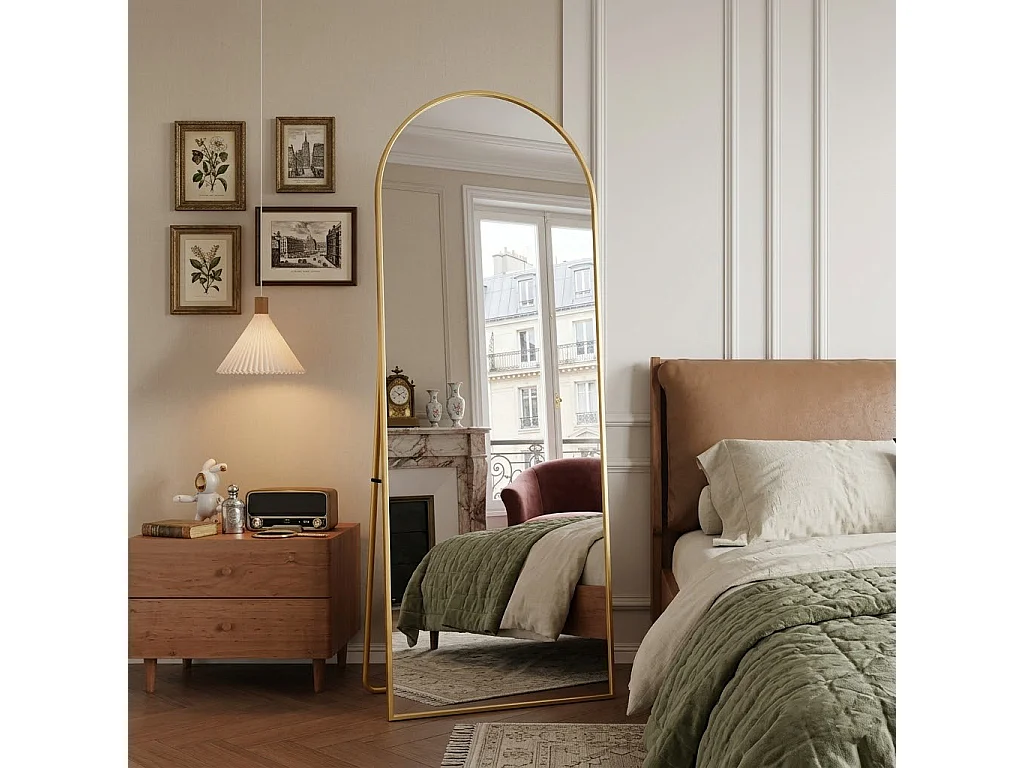 Miroir Complet Bombé 165x60 cm - sur Pied, à Suspendre ou Appuyé - pour Chambre à Coucher et Dressing - Cadre en Aluminium, Doré