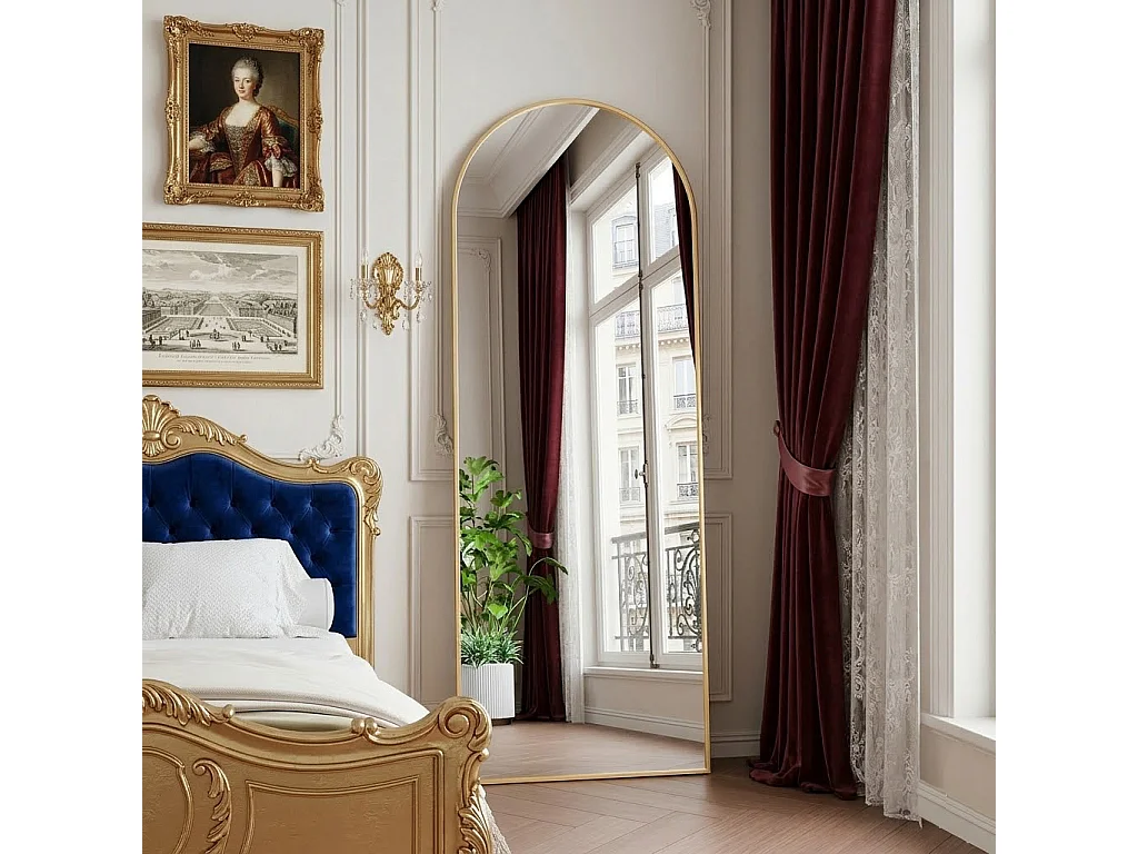 Miroir Complet Bombé 165x60 cm - sur Pied, à Suspendre ou Appuyé - pour Chambre à Coucher et Dressing - Cadre en Aluminium, Doré