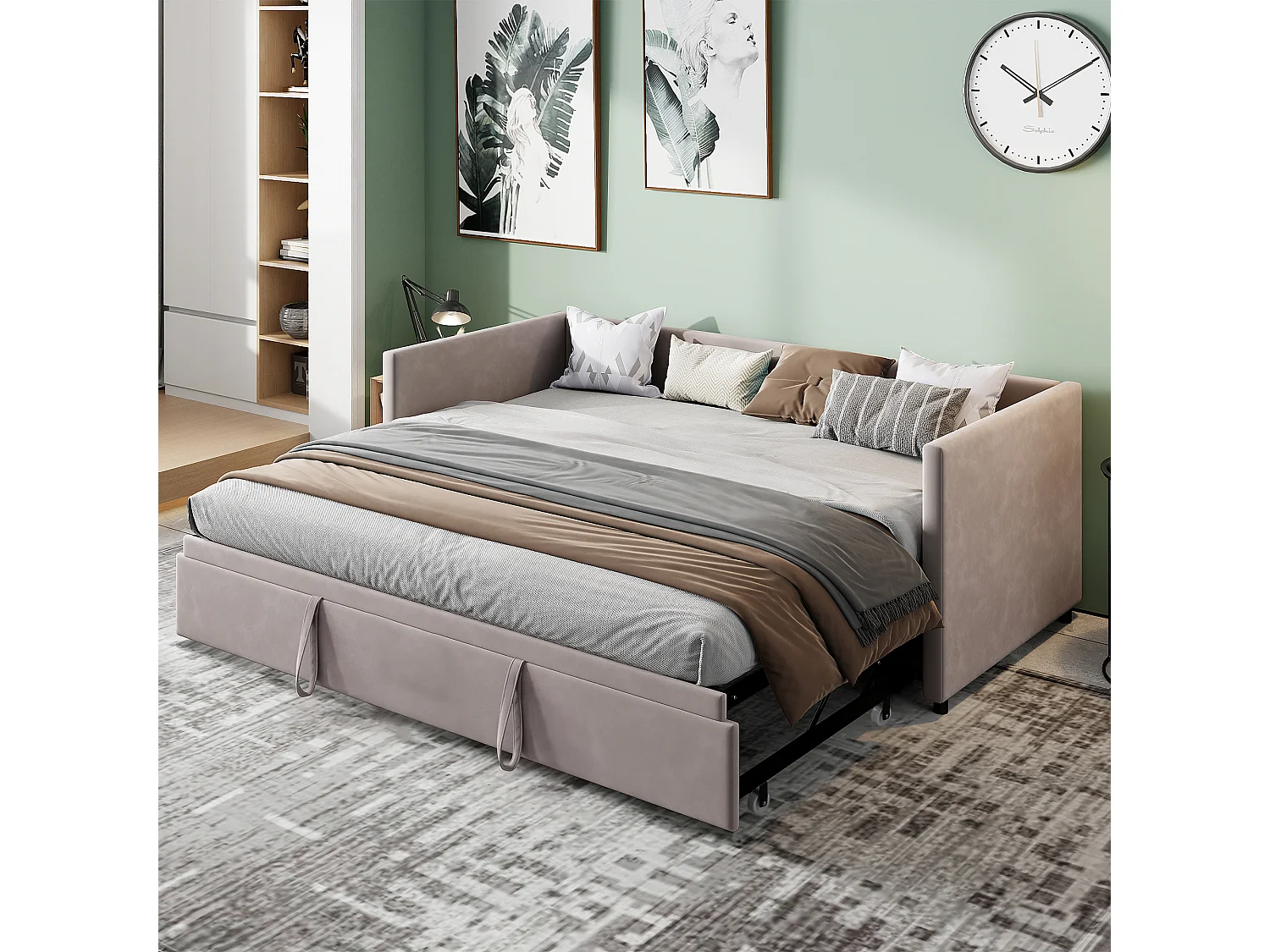 Lit gigogne 90 x 200 cm - Canapé 2 places convertible express en tissu velours - Sommier - Gris