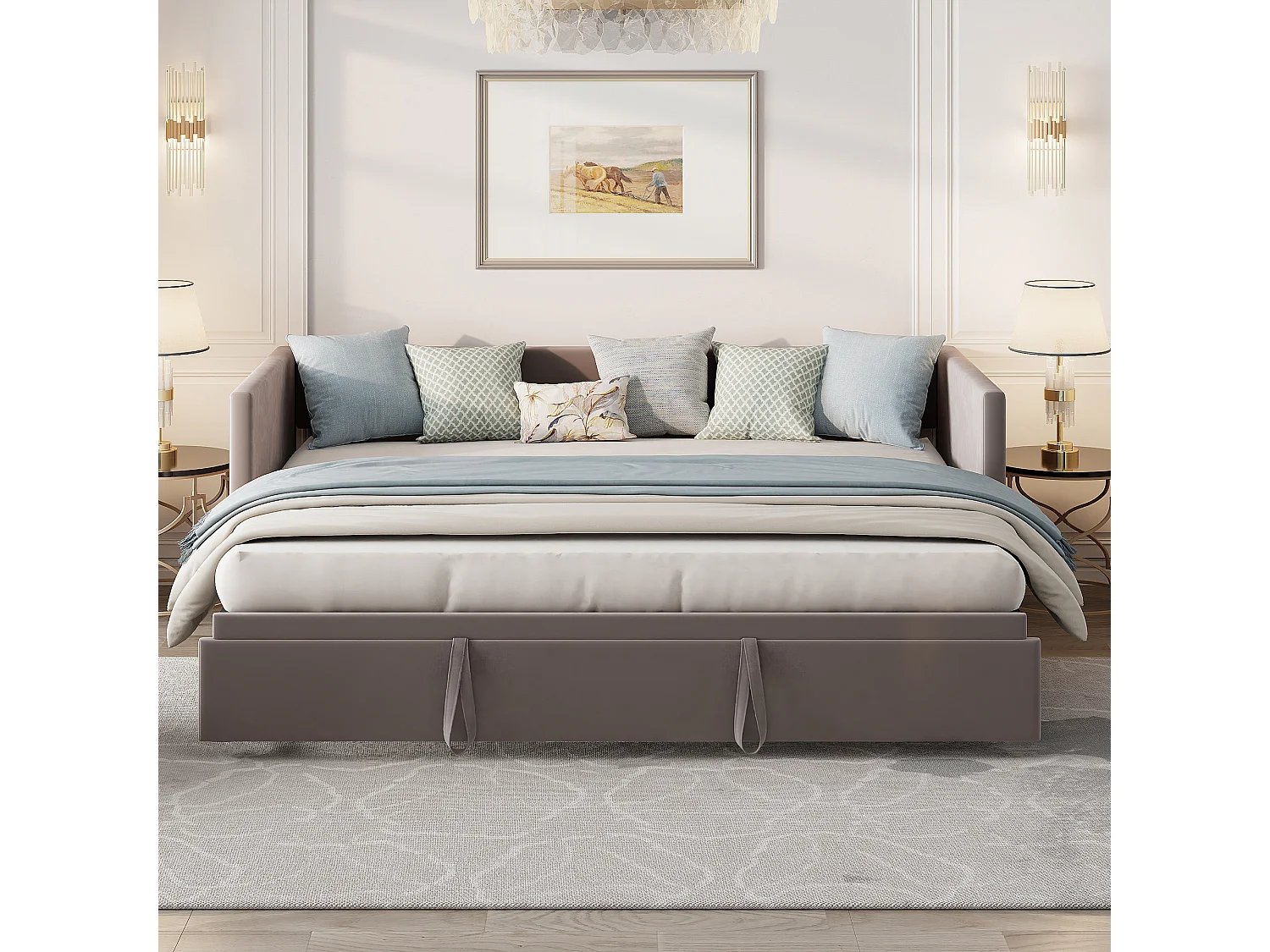 Lit gigogne 90 x 200 cm - Canapé 2 places convertible express en tissu velours - Sommier - Gris
