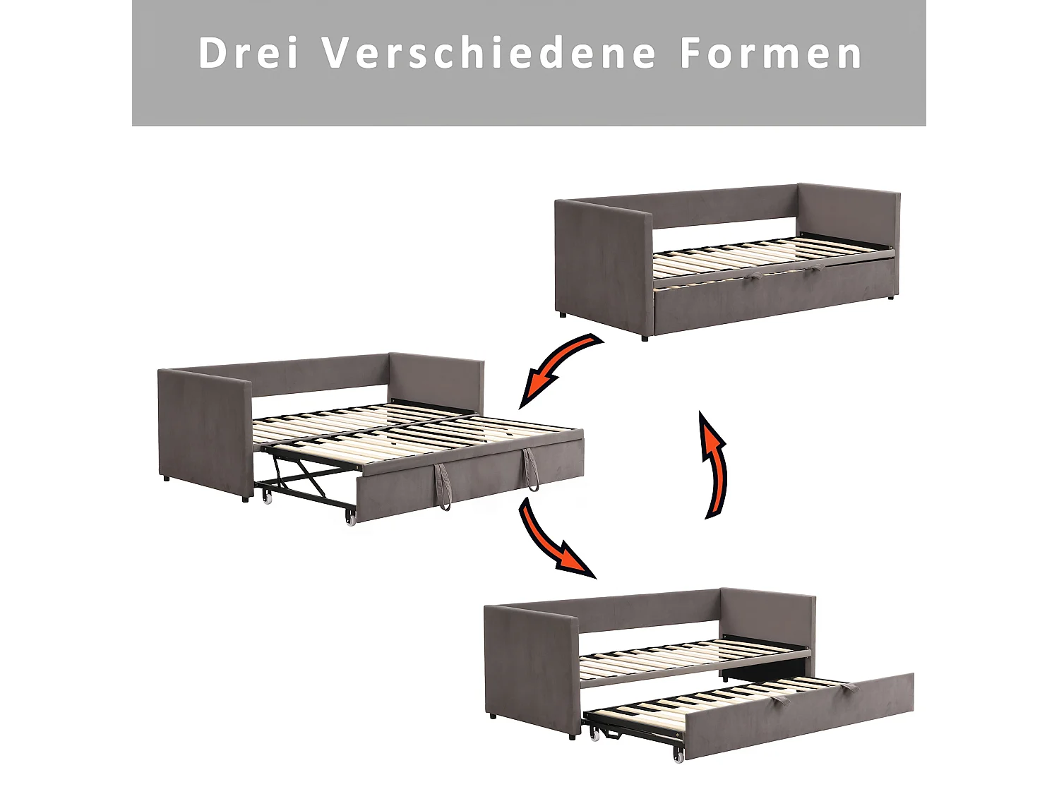 Lit gigogne 90 x 200 cm - Canapé 2 places convertible express en tissu velours - Sommier - Gris