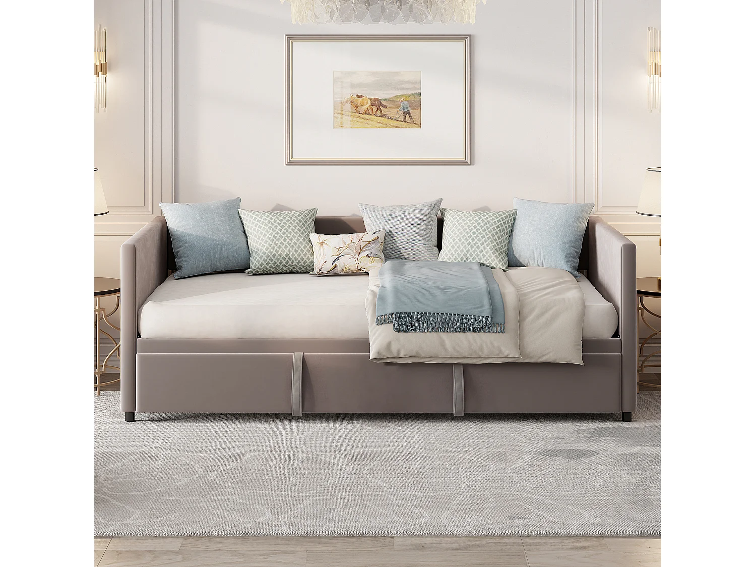 Lit gigogne 90 x 200 cm - Canapé 2 places convertible express en tissu velours - Sommier - Gris