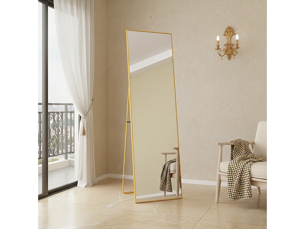Miroir Pleine Longueur 162x53 cm, Grand Miroir Mural avec Crochet, reflet en Verre HD, Doré