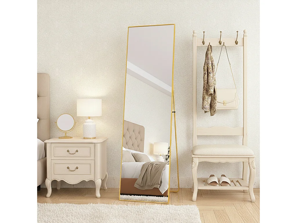 Miroir Pleine Longueur 162x53 cm, Grand Miroir Mural avec Crochet, reflet en Verre HD, Doré