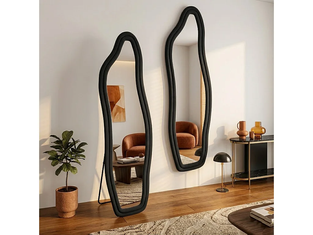 Grand Miroir Noir 160x50 cm, Miroir sur Pied au Mural ou à Suspendre, Miroirs Organique avec Support en U