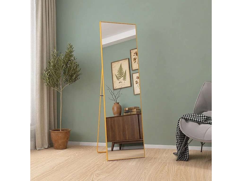 Miroir Pleine Longueur 150x40 cm, Grand Miroir Mural avec Crochet, reflet en Verre HD, Doré
