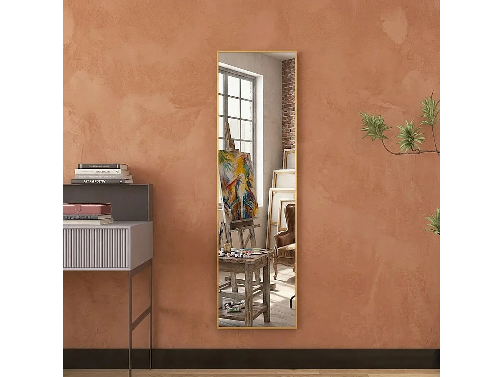 Miroir Pleine Longueur 150x40 cm, Grand Miroir Mural avec Crochet, reflet en Verre HD, Doré