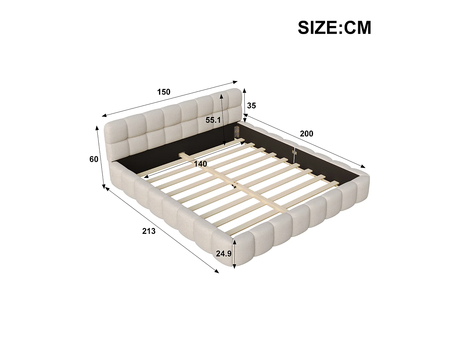 Lit double capitonné 140x200 cm - avec tête de lit rembourré - avec sommier à lattes - tissu lin - beige - matelas non inclus