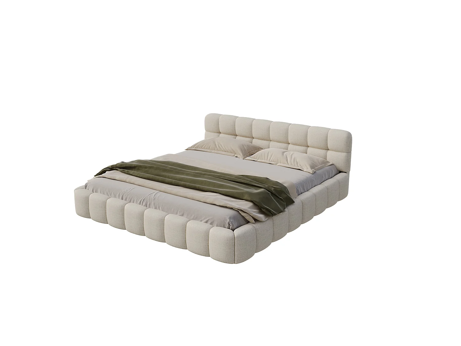 Lit double capitonné 140x200 cm - avec tête de lit rembourré - avec sommier à lattes - tissu lin - beige - matelas non inclus