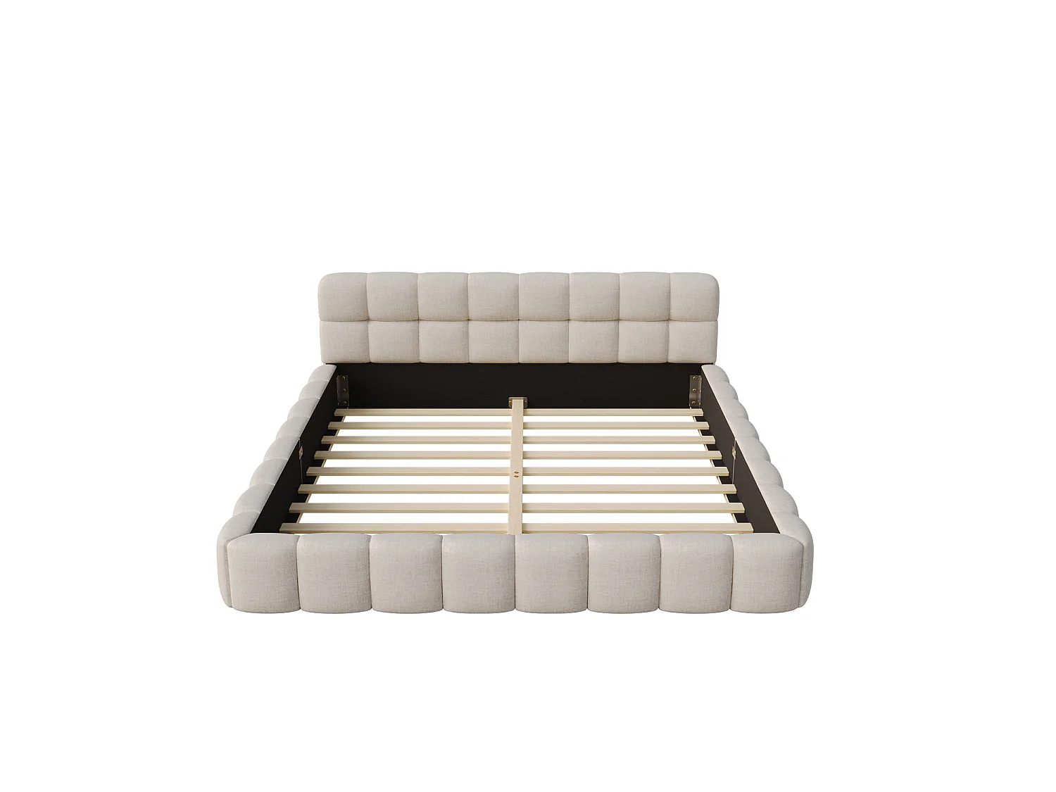 Lit double capitonné 140x200 cm - avec tête de lit rembourré - avec sommier à lattes - tissu lin - beige - matelas non inclus
