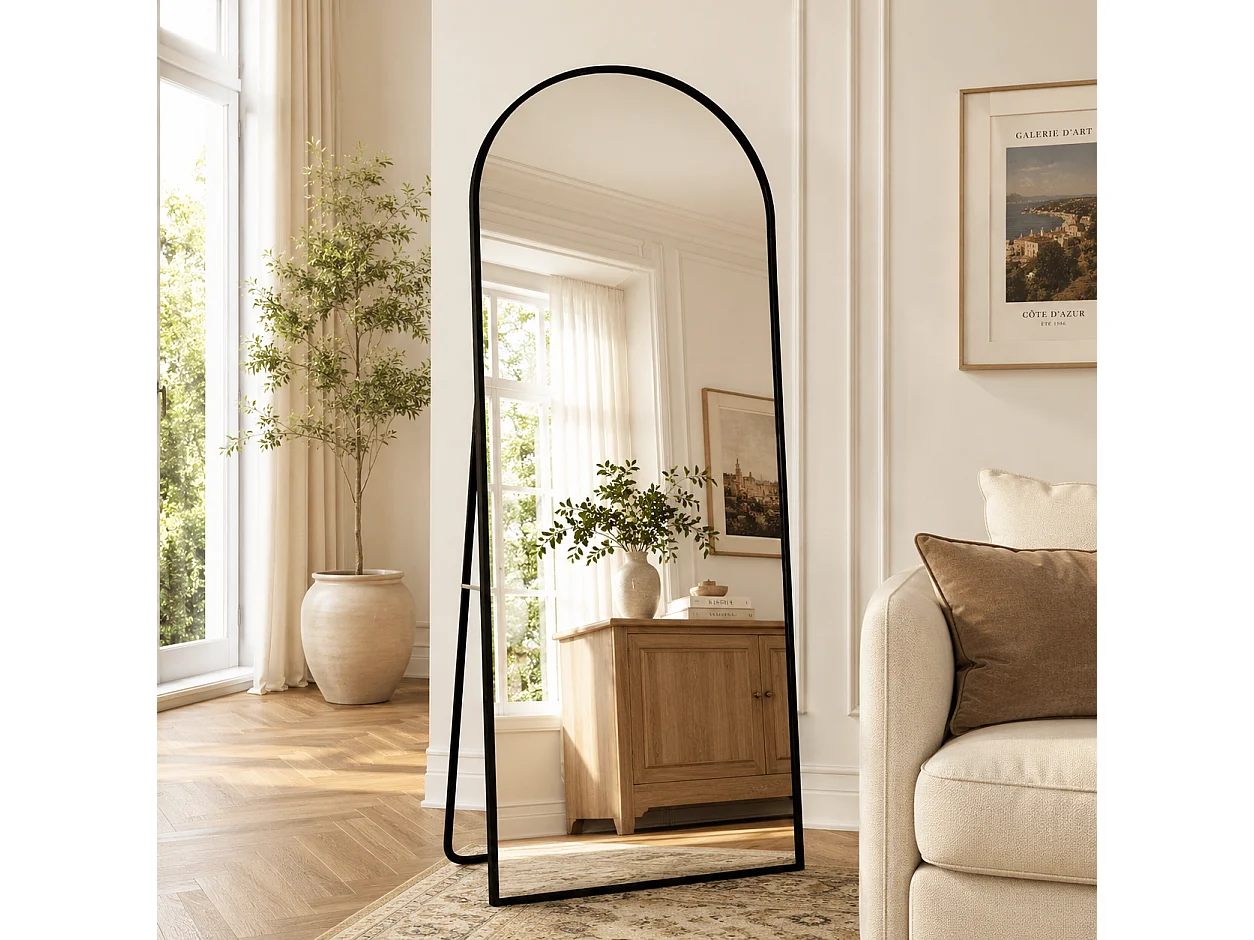 Miroir Complet Bombé 180x80 cm - sur Pied, à Suspendre ou Appuyé - pour Chambre à Coucher et Dressing - Cadre en Aluminium, Noir