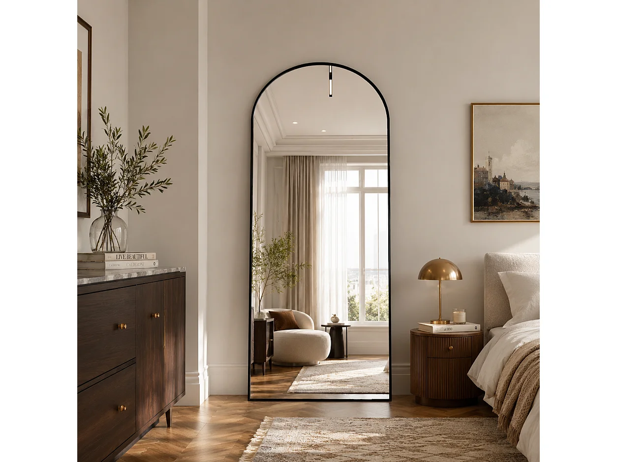 Miroir Complet Bombé 180x80 cm - sur Pied, à Suspendre ou Appuyé - pour Chambre à Coucher et Dressing - Cadre en Aluminium, Noir