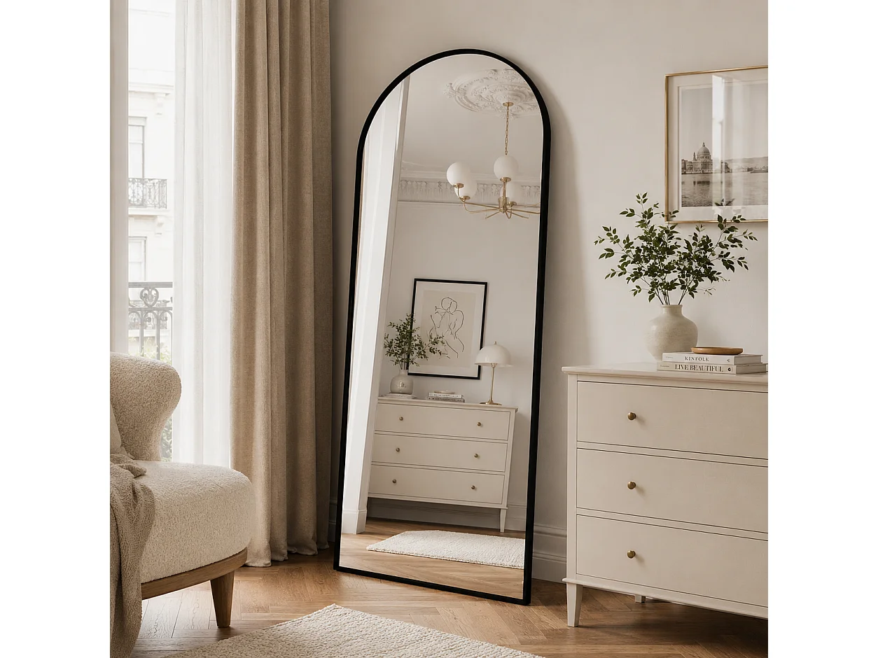 Miroir Complet Bombé 180x80 cm - sur Pied, à Suspendre ou Appuyé - pour Chambre à Coucher et Dressing - Cadre en Aluminium, Noir