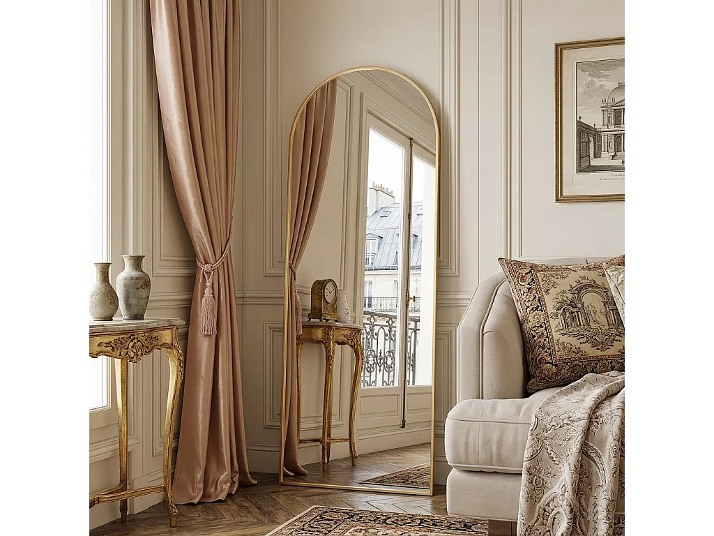 Miroir Complet arqué 162x53 cm, Miroir sur Pied bombé, Suspendable, Elliptique, pour Chambre Salon Entree, Doré