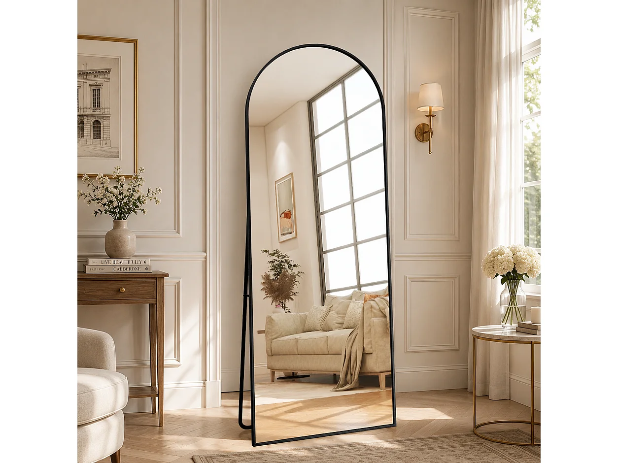 Miroir Complet bombé 177x77 cm avec Coins arrondis, Miroir sur Pied, à Suspendre, Debout ou adossé, pour Chambre à Coucher, Noir