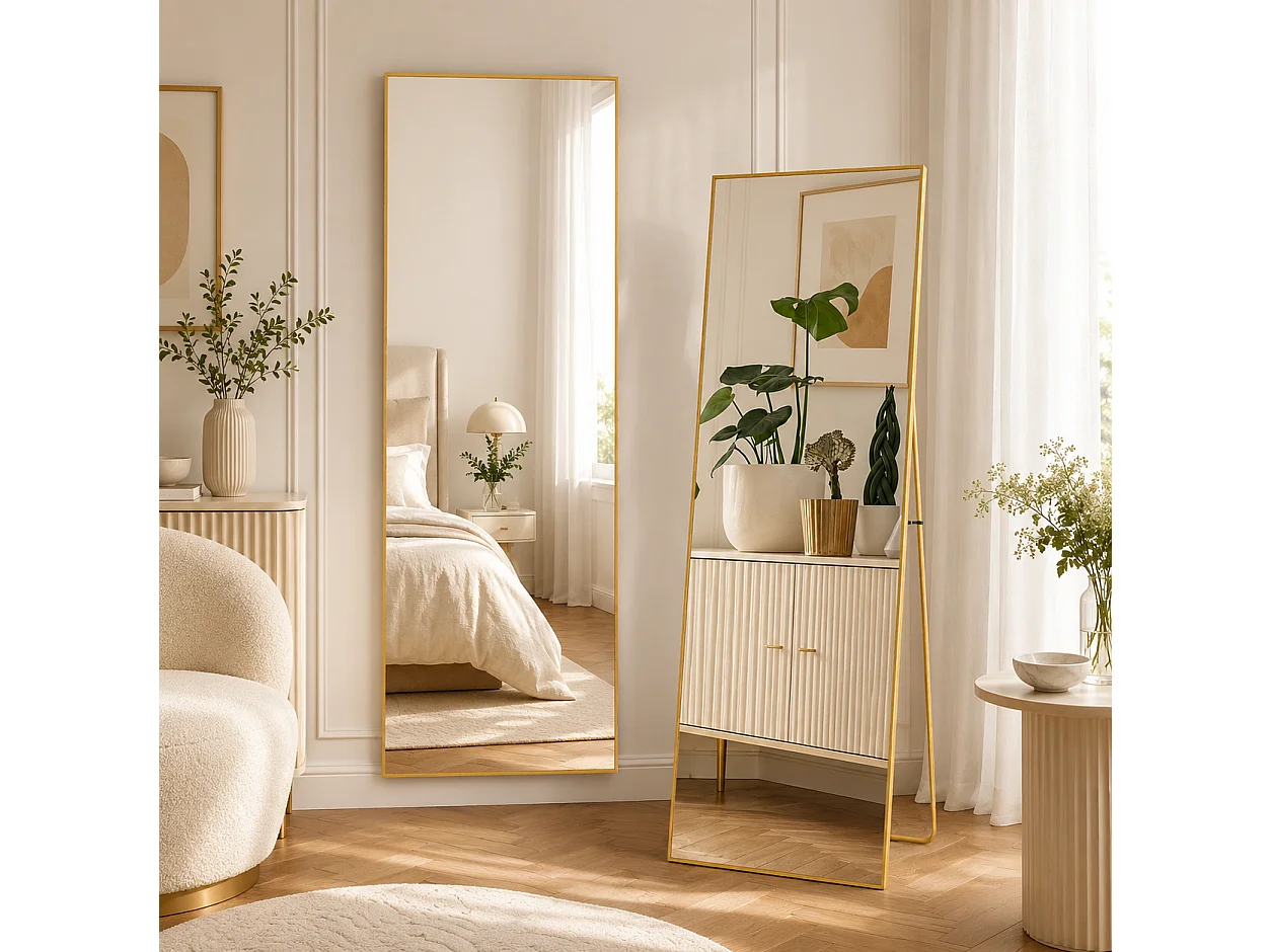 Miroir Pleine Longueur 177x77 cm, Grand Miroir Mural avec Crochet, reflet en Verre HD, Doré
