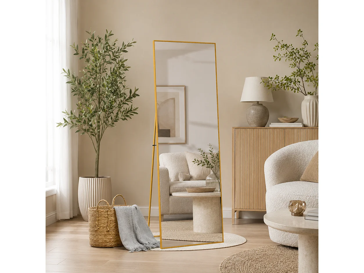Miroir Pleine Longueur 177x77 cm, Grand Miroir Mural avec Crochet, reflet en Verre HD, Doré