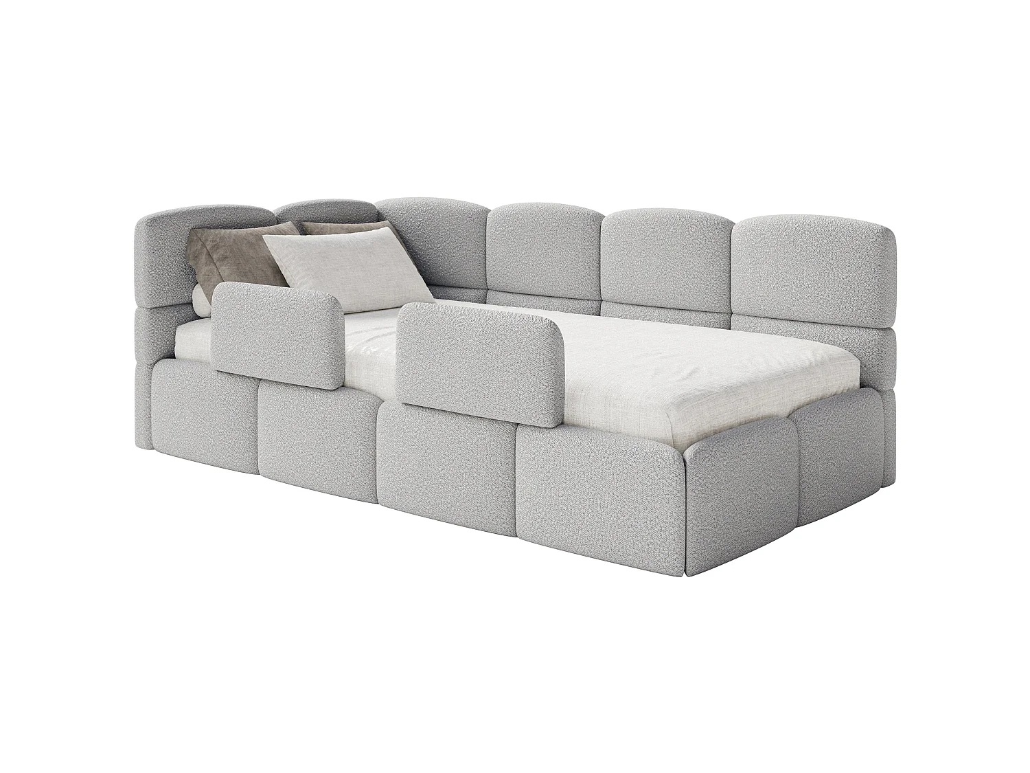 Lit enfant 120x200 cm – tête de lit à gauche – matelas & coffre de rangement – bouclé gris clair – CLOUDY