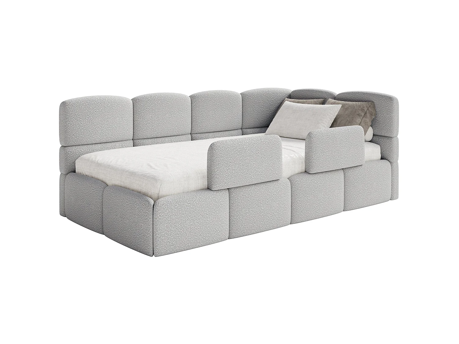 Lit enfant 120x200 cm – tête de lit à droite – 2 barrières – bouclé gris clair – CLOUDY