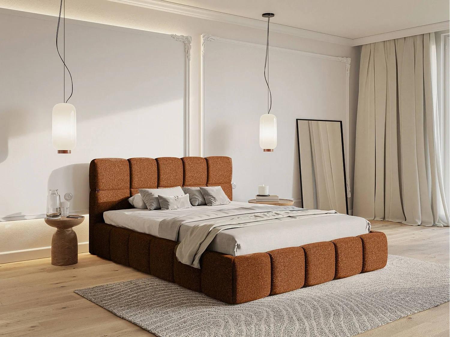 Lit rembourré 120x200 – avec coffre – Chenille Cuivre – Cloudy